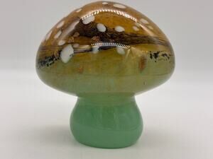 Blown Art Glass Mushroom. Sea foam green, gold, white and black.
